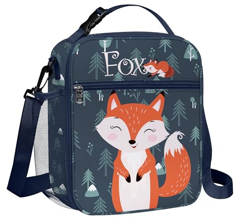 Clastyle Fuchs Isolierte Lunchtasche Kinder mit Flaschenhalter, Blau Kühltasche Klein Schulen Tragbar für Jungen Mädchen