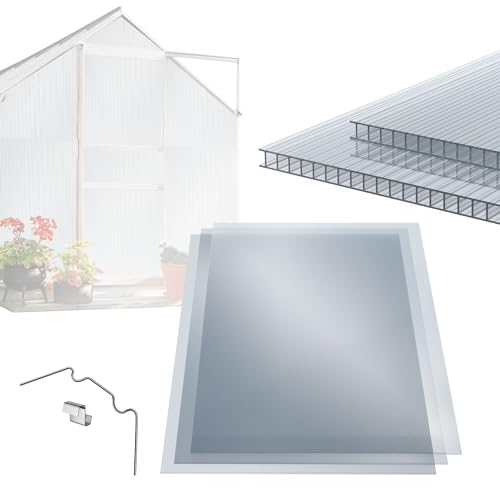 ECD Germany 14x Doppelstegplatten, 4mm Polycarbonat, 121x60,5cm, 10,24m², 50x Klammern + 50x Z-Clips, stoßsicher & UV-beständig, zuschneidbar, Klar Hohlkammerplatten, Gewächshausplatten Stegplatten
