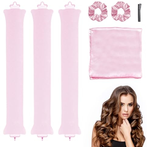 3 Pezzi Bigodini Senza Calore, Bigodino Per Boccoli con Fascia per Capelli, Fermaglio, Foulard, Bigodini Morbidi per Mormire，Bigodini Arricciacapelli Strumento per Tutti i Tipi Di Capelli(Rosa)