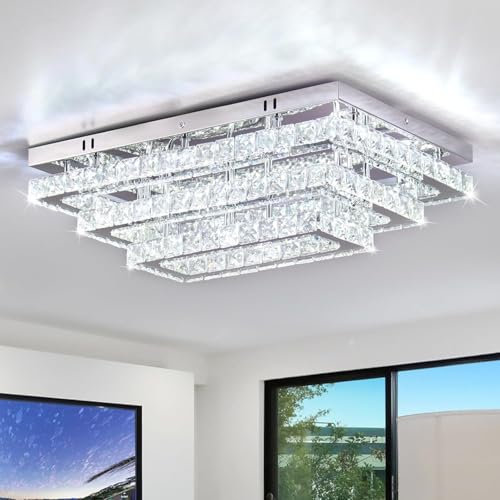 Finktonglan moderno cristallo LED plafoniera 20 pollici rettangolare lampadario soffitto luci 3 livelli in acciaio inox raccordi lampada da soffitto per soggiorno sala da pranzo bianco freddo