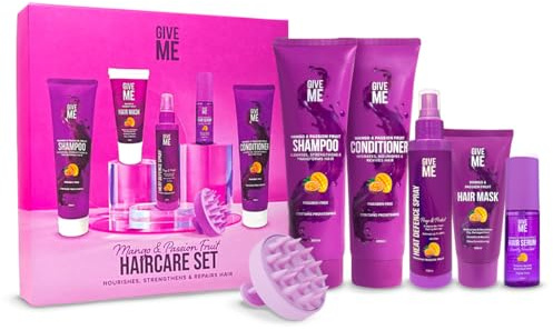 Give Me Cosmetics, Shampoo and Conditioner Sets, with Hair Mask, Heat Defence Spray, Serum, Scalp Massager, Mango & Passion Fruit, Paraben Free, Haircare Gift Set for Teenage Girls Women