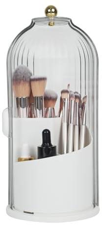 WVacFre Organizador de Brochas de Maquillaje con Tapa,Giratorio 360 Grados,Transparente,a Prueba de Polvo Organizador de Brochas de Maquillaje para Tocador,Escritorio,Encimera de Baño(Blanco)