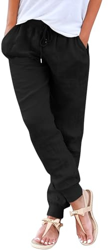 Yuson Girl Pantalon Femme Été en Lin Pantalon de Plage Fluide Large Taille Haute Elastique Décontractée Pantalon Solide Couleur Léger Fuselé Pantalon avec Poches(Noir, L)