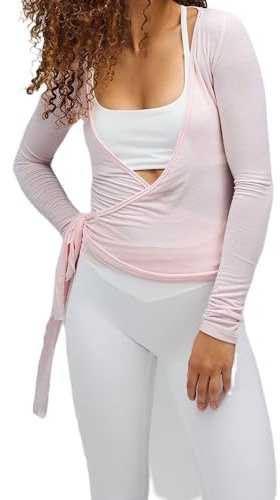 Felcia Damen Y2k Ballet Wickel-Top Langarm Tiefer V-Ausschnitt Slim Fit Yoga Pilates Ballet Workout-Tops, A-Pink, S