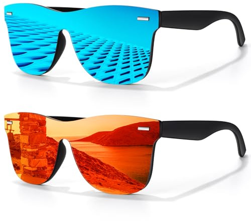 LINVO Solglasögon, män, kvinnor, polariserade, klassiska, speglade, moderiktiga, UV400 skydd, unisex glasögon för bilkörning, resor, (2-pack) Svart | Blå + svart | Orange, Medium