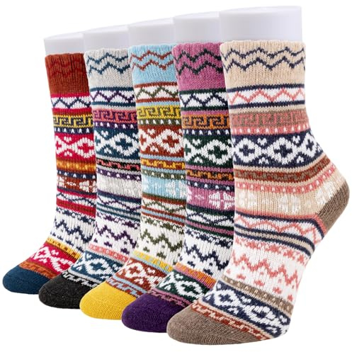 RnCop 5 Pairs Women Winter Socks, Thick Warm Thermal Wool Knitting Ladies Socks, Colourful and Quality Gifts for Women - Cross flower B