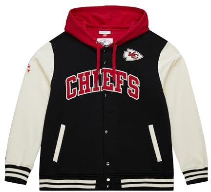Mitchell & Ness Courtside Fleece NFL Vintage collegejacka med huva, färgkontrasterande ärmar, tryckknappslås, män, kvinnor, barn, unisex, vår, sommar, höst, vinter, Kansas City Chiefs, XL