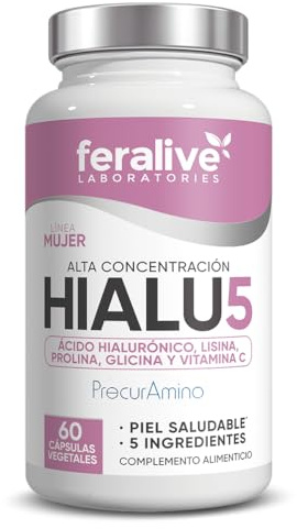Feralive Laboratories Hialu5 60 Cápsulas – Ácido Hialurónico, PrecurAmino y Vitamina C – Suplemento para Hidratación de la Piel, Elasticidad, Colágeno y Bienestar Articular
