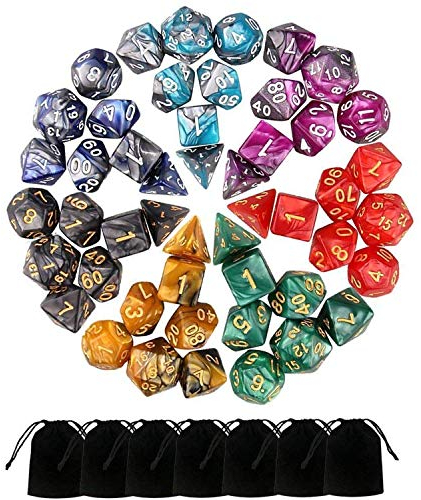 MONUARY 49 Piezas Dados de rol D&D, Dado Poliédrico y de rol de Juegos para Dungeons & Dragons con 7 Piezas de Bolsos, 7 Sets de RPG DND MTG D4/D6/D8/D10(0-9 y 00-90)/D12/D20