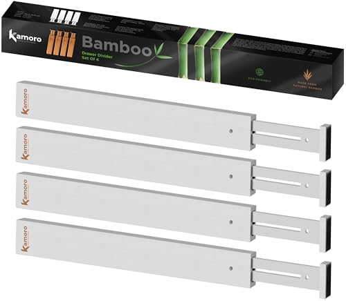 Divisorio per cassetti in bambù naturale [set di 4] - Divisori cassetti con molla per una tenuta salda - Separatori per cassetti regolabile tra 44 e 56 cm - Bianco