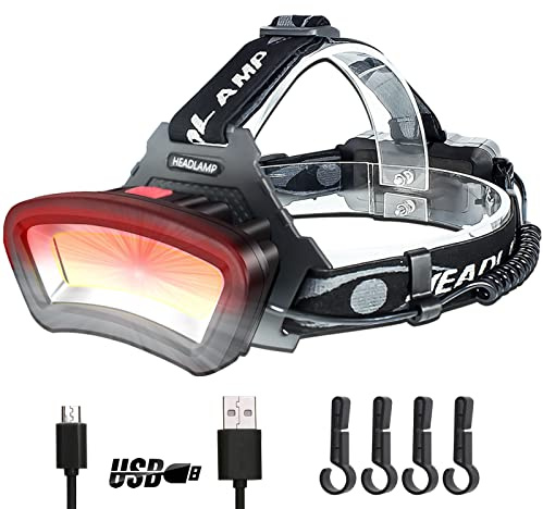 DBSOOSC,Torcia da testa ricaricabile per casco con luce rigida, a LED, super luminosa, luce rossa, USB, luce da lavoro per esterni, COB alimentata a batteria, costruzione notturna, 7-14 ore