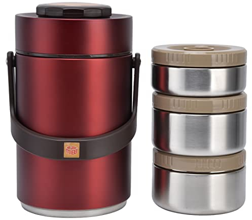 BuyWeek Thermobehälter für Essen, 2,3 L Isolierter Lebensmittelbehälter 304 Edelstahl 3 Lagiger Warmhaltebehälter für Büro Reisen Camping Picknick (Rot)