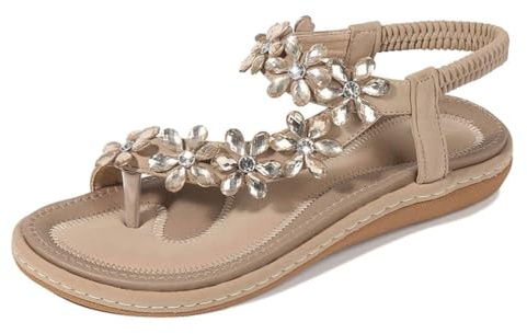 Amissz Sandali Donna Sandalo Estive Eleganti Scarpe Bassi Eleganti Strass Decorato Comodi Piatto Infradito da Mare Stile 2 Albicocca 40 EU