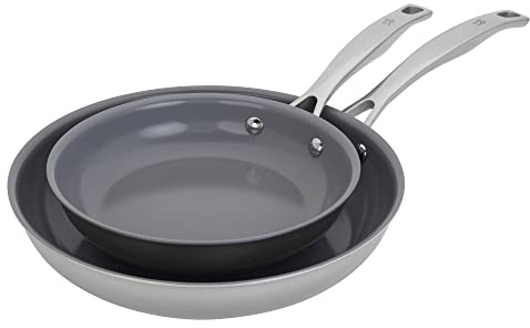 HENCKELS Clad H3 2-pc Induction Ceramic Nonstick Frying Pan Set, 8-inch Fry Pan and 10-inch Fry Pan, Stainless Steel, Durable and Easy to Clean