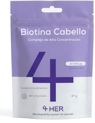 4 HER Biotina 10000 mcg para el Cabello, Piel y Uñas, Vitaminas Pelo Mujer | Biotin Complex con Zinc y Selenio, Pastillas Crecimiento Cabello Mujer, 180 Comprimidos Veganos, 3 Meses, Reino Unido