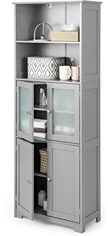 CASART Bathroom Tall Cabinet, Wooden Storage Cupboard with Adjustable Shelf & Doors, Freestanding Side Cabinet Storage Organizer for Bathroom Kitchen Living Room (With 2 Open Shelves, Grey)
