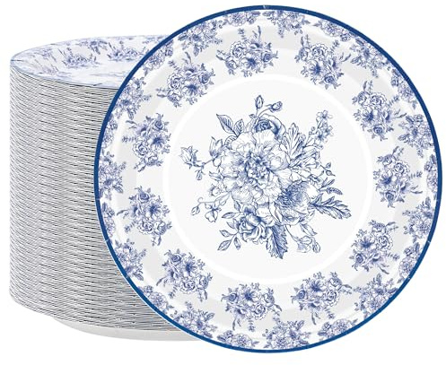 peony man 50 PCS Blue Floral Paper Plates Blue and White Flower Disposable Plates 9 Inch Large Dinner Dessert Decorative Plate for Weeding Bridal and Baby Shower Birthday Party Supplies