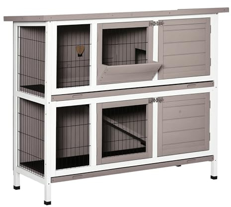 PawHut Conejera de Madera Jaula de 2 Niveles para 1-2 Conejos con Puertas Cerradura Bandejas Extraíbles y Comedero para Exterior 122x50x101 cm Marrón