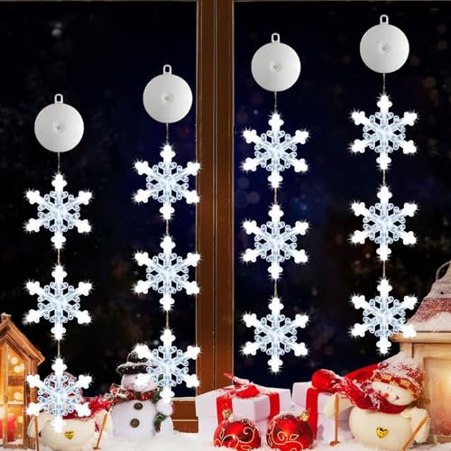 Éclairage de Noël pour fenêtre intérieure, flocon de neige lumineux avec piles, 4 lampes LED suspendues pour fenêtre, décoration de Noël