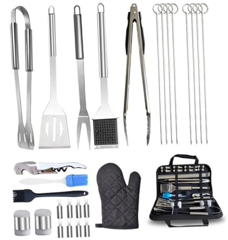 OFFSCH 1 Satz 28 Stück Grillwerkzeug Lebensmittelklemme Grillbürste Zubehör zum Grillen Grillschaufel Grillzubehör Kleidersack Grillspatel 2cr13 Edelstahl