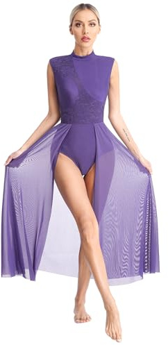 Xnihocha Disfraz de danza lírica para mujer, sin mangas, vestido de ballet, vestido maxi de tul, moderno y contemporáneo, traje de gimnasia, traje de baile