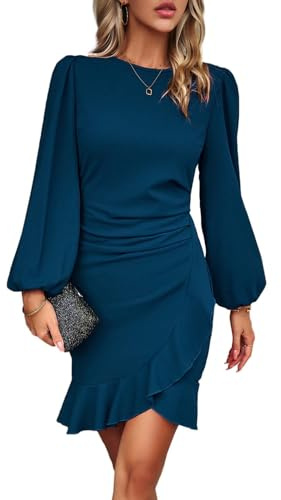 HUXRAKV Vestido Mujer Elegante Manga Larga Casual Vestido De Volante Dobladillo Vestidos para Invitada Coctel,A-Azul,L