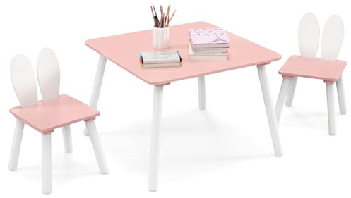 LIFEZEAL Juego de Mesa y Silla para niños de 3 a 6 años, Mesa Infantil con 2 sillas de Madera, Silla con Respaldo de Conejo, Capacidad de Carga 20/40 KG, Mesa de Juego 60x60x43CM (Rosa)
