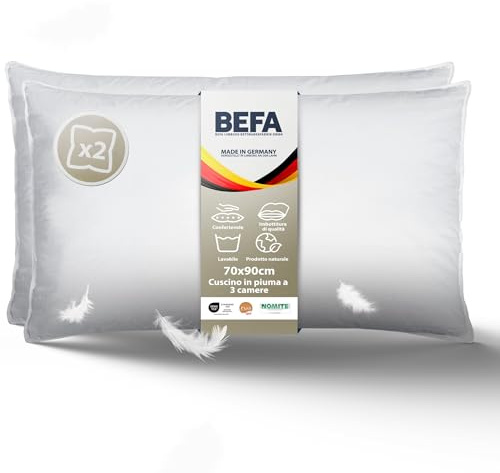 BEFA NATUR Cuscino in piuma, 70 x 90 cm (2 pezzi), cuscino a 3 camere, 90% piumino e 10% cuscini in piuma, peso di riempimento 1380 g, anallergico, benessere degli animali (DOWNPASS), classe Oeko-Tex