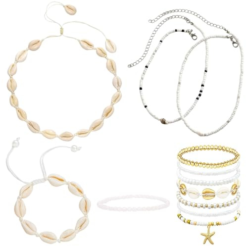 Scinzene 12 Stück Hawaii Outfit Damen Accessoires Set, Muschelkette Armband Fußkette, Hawaii Boho Style, Für Hawaii Kostüm Accessoires, Hawaii Party Deko, Festival Zubehör, Sommer Sachen