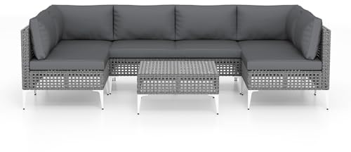 LIFEZEAL Juego de 7 Muebles de Jardín de Ratán para Exteriores, con Mesa Auxiliar y Cojín para 6-8 Personas, Salón de Jardín para Jardín, Terraza y Balcón (Gris)