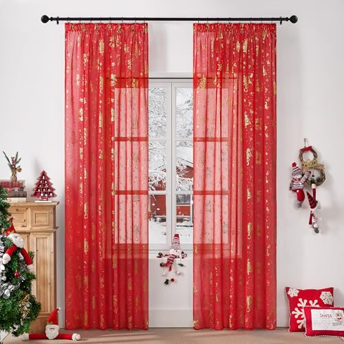 KGORGE Cortinas y Visillos Translucidas para Salon/Dormitorio/Comedor, Sheer Curtains Estampdas Navideñas Suave con Ganchos de Riel 2 Piezas,140x225cm,Rojo
