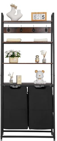 VEVOR Trieur de Linge 4 Niveaux, Panier à Linge 2 Compartiments, avec Étagères, Crochets et Sacs en Tissu Oxford 600D, Rangement pour Vêtements Sales, Buanderie Blanchisserie Salle de Bain, Noir