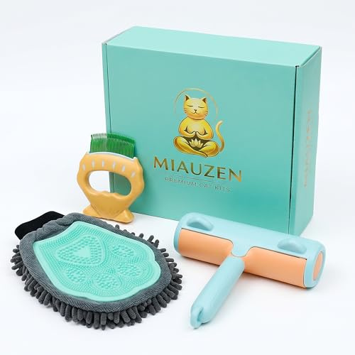 MIAUZEN Kit Quitapelos Premium para Gatos de Interior - Guante Suave Mejorado con Velcro Firme + Cepillo Quitapelos Reutilizable para Sofá y Ropa + Mini Peine - Pack Todo en Uno