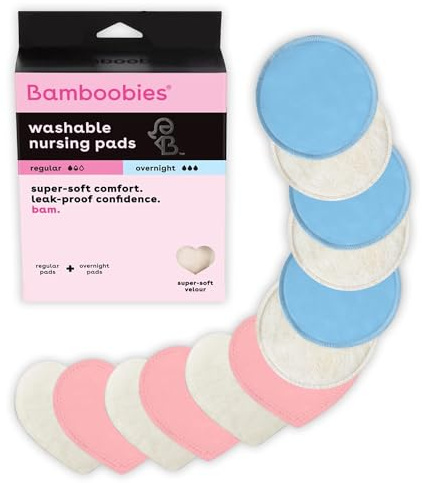 Bamboobies Nursing Pads, Ultra-Soft Velour, Reusable, Washable & Leak-Proof, 6 Ultra-Thin and 6 Overnight Pads for Breastfeeding