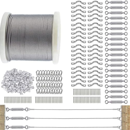 TooTaci 3mm Balustrade Wire Kit, 122M/3mm Stainless Steel Wire Rope with 20pcs M5 Turnbuckle & Cable Tensioner Kits, 7×7 Strands Steel Cable Heavy Duty, Use for Decking, Fence DIY