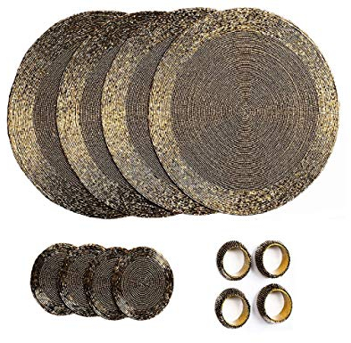 Penguin Home® Platzsets, Untersetzer und Serviettenringe mit Glasperlen – Silber und Weiß – runde Tischsets – handgefertigt von erfahrenen indischen Kunsthandwerkern – Durchmesser – 32 cm