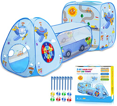 MAIKEHIGH Kinder Spielzelt mit Tunnel, 3 in 1 Pop Up Spieltunnel Bällebad Zelt krabbeltunnel Drinnen Draußen Spielzeug Geschenk für Baby Mädchen Jungen