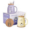 Katze Becher 2er Set Niedliche Katze Teetasse Kaffeebecher aus Keramik mit Kawaii-Deckel Niedliche Becher für Katzenliebhaber 500ml Weihnachten Geburtstag Katze Geschenk Becher (Lila und gelb)