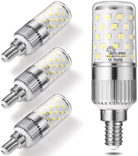 Aolang E12 LED Bulbs,12W LED Candelabra Bulbs,100 Watt Equivalent, Daylight White 6000K Chandelier Bulbs, E12 Base Ceiling Fan Light Bulbs, 85V-265V, 1000Lumen Corn Bulbs, Non-Dimmable (4 Pack)