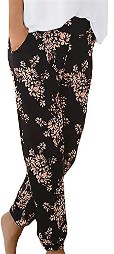 Damen Pant Lange Haremshose Schlupfhose Boho Strandhose Loose Sommerhose Frauen Hose mit Taschen Straight Bein Hose Blumenmuster Leicht Freizeithose Stoffhose Jogginghose Yogahose Sporthose Pumphose