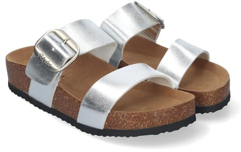 shoes&blues.es 84888 Sandalia de Mujer Planas Material Bio, Pala Fina, Comodas y Elegantes, Talon Abierto y Decorada con Hebilla, Ideales para Primavera-Verano Plata Talla 37