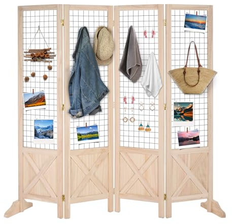 VINGLI Room Divider Freestanding Gridwall, 4 Panel Folding Display Board Organizer with Base Feet, Decorative Wooden Frame Wire Grid Screens for Craft Shows Events Retail (Natural, 5'×5')