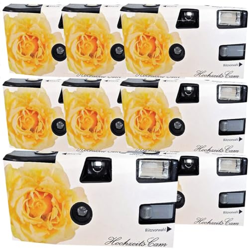 Lot de 8 appareils photo jetables 1A PHOTO PORST Edition rose de mariage jaune avec flash, piles et film (lot de 8, 27 prises chacune)