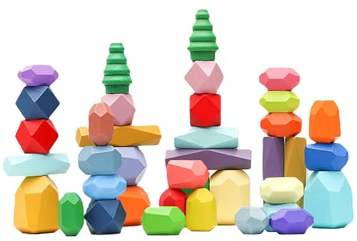Equilibrio de piedras apilables, clasificación de madera de piedras apilables, Juego de juguetes de piedras de equilibrio sensorial de 38 piezas, Bloques de construcción poliédricos de aprendizaje col
