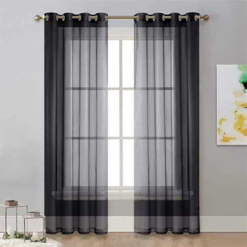 Surwin Color Sólido Translucidas Cortinas Salon, 2 Piezas Cortina con Ojales 132x213 cm Negro, Cocina Dormitorio Cortinas y Moderno Visillos Cortos para Ventanas