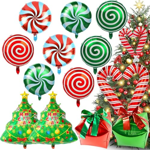 Ballons de Noël, Ballons Aluminium de Noël, Ballon Helium de Canne en Bonbon, Rouge Vert Ballons Noel pour Decoration Noel, Nouvel an Fournitures De Fête (16 PCS)