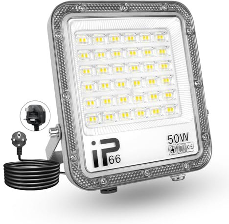 PICAA Lampada da esterno a LED da 50W, luce da lavoro LED 5000LM 6500K, Luce di sicurezza a LED impermeabile IP65 con spina per porta d'ingresso, magazzino, parcheggio, cortile, strade (1pz)