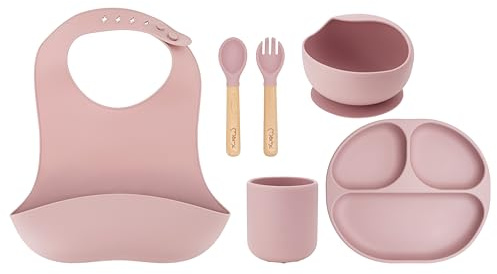 Juego de vajilla para niños con cubiertos MoMi AMI, set de 6 piezas: babero, cuchara, tenedor, plato, bol 360 ml, taza 180 ml, hecho de silicona, apto para lavavajillas y microondas