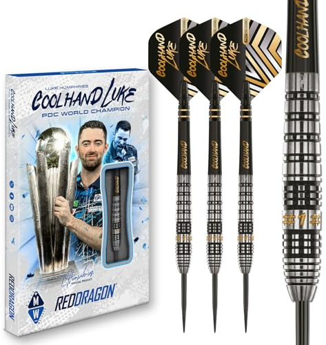 RÖDA DRAGON Darts – professionell spelare Luke Humphries Coolhand Prestige Series – 90 % volframdartset med dartflygningar och dartaxlar (stammar) – finns i mjuk spets 18 g och stålspets 22 g, 23 g