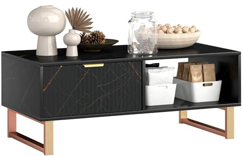 HOMCOM Marble-Effect Coffee Table with Storage, Living Room Table with Drawer and 2 Open Shelves, Modern Centre Table with Fluted Door, Black